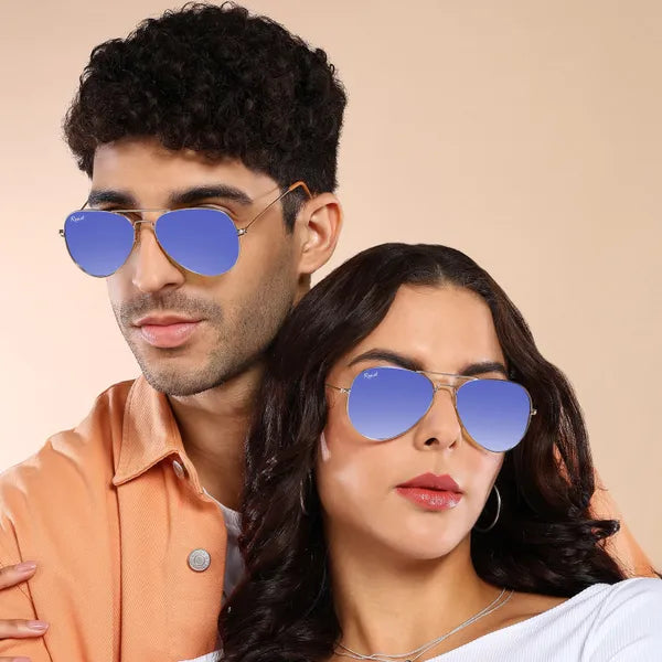 UV-Protected Gold Blue Reflector Gradient Aviator Sunglasses for Men & Women- FunkyTradition