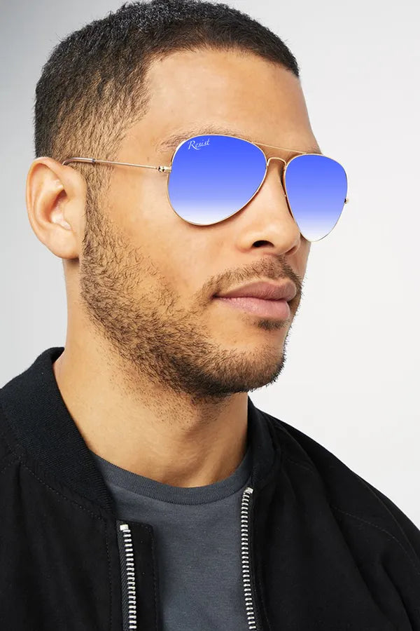UV-Protected Gold Blue Reflector Gradient Aviator Sunglasses for Men & Women- FunkyTradition