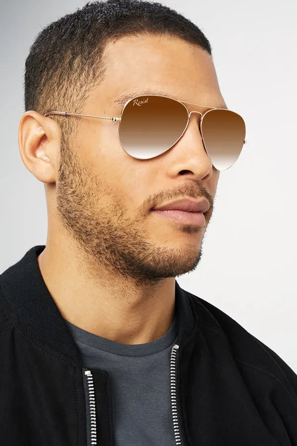 UV-Protected Gold Brown Gradient Aviator Sunglasses for Men and Women- FunkyTradition
