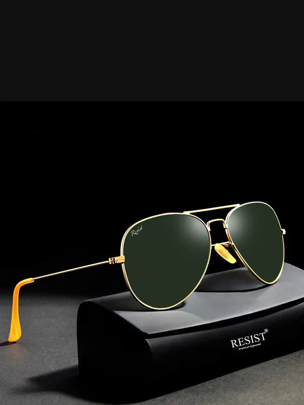 UV-Protected Gold Green Aviator Sunglasses for Men and Women- FunkyTradition