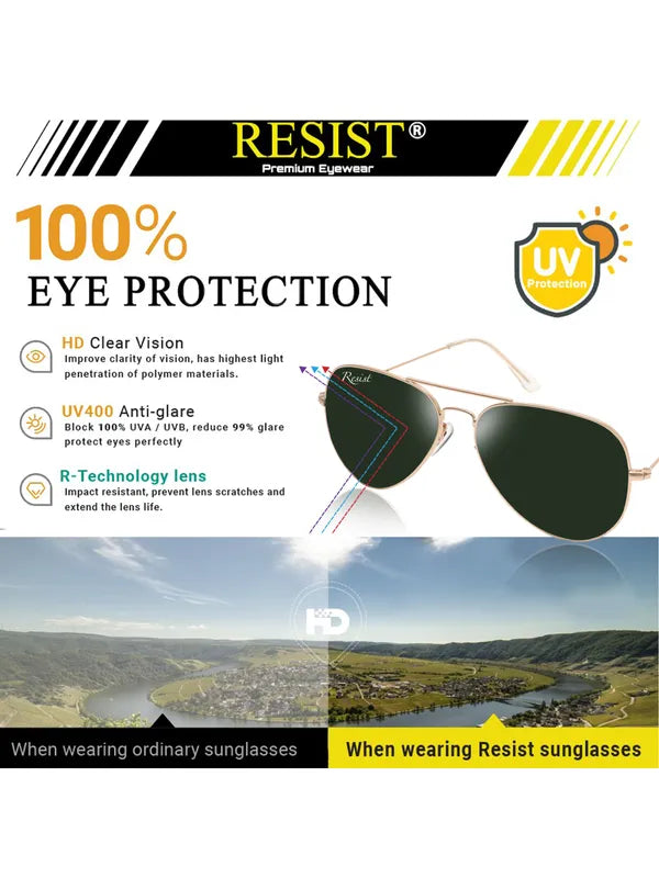 UV-Protected Gold Green Aviator Sunglasses for Men and Women- FunkyTradition