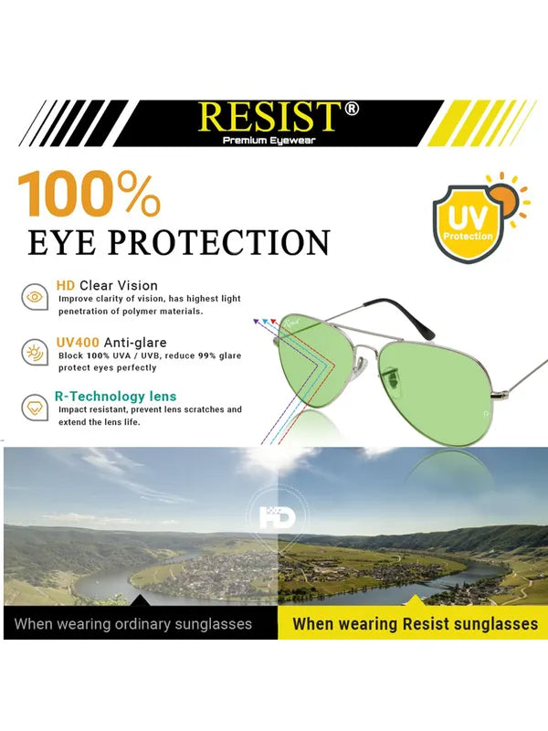 UV-Protected Silver Green Aviator Sunglasses for Men and Women | Night Vision Driving Glasses- FunkyTradition
