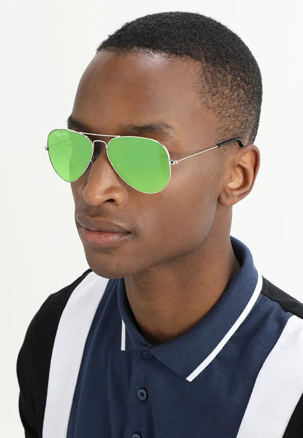 UV-Protected Silver Green Aviator Sunglasses for Men and Women | Night Vision Driving Glasses- FunkyTradition