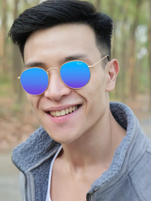 UV Protected Gold Blue Reflector Round Sunglasses For Men & Women- FunkyTradition