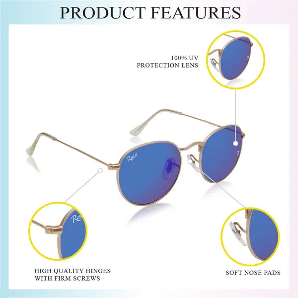 UV Protected Gold Blue Reflector Round Sunglasses For Men & Women- FunkyTradition