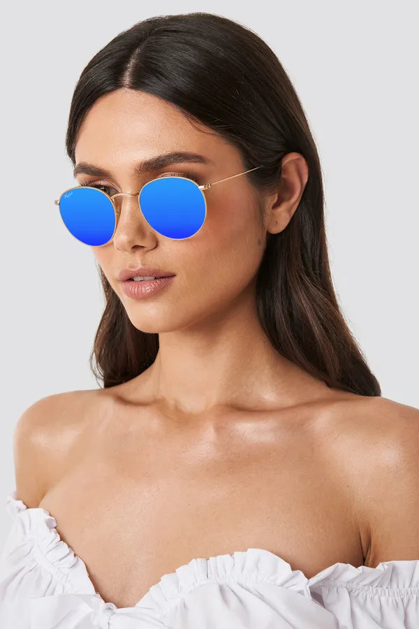 UV Protected Gold Blue Reflector Round Sunglasses For Men & Women- FunkyTradition