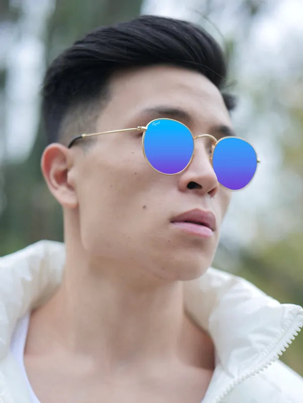 UV Protected Gold Blue Reflector Round Sunglasses For Men & Women- FunkyTradition