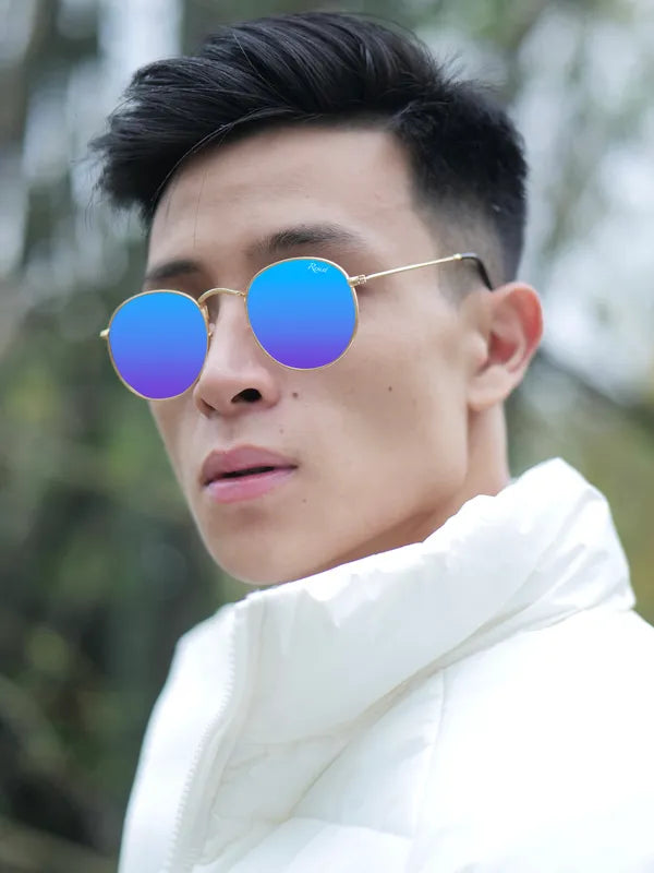 UV Protected Gold Blue Reflector Round Sunglasses For Men & Women- FunkyTradition