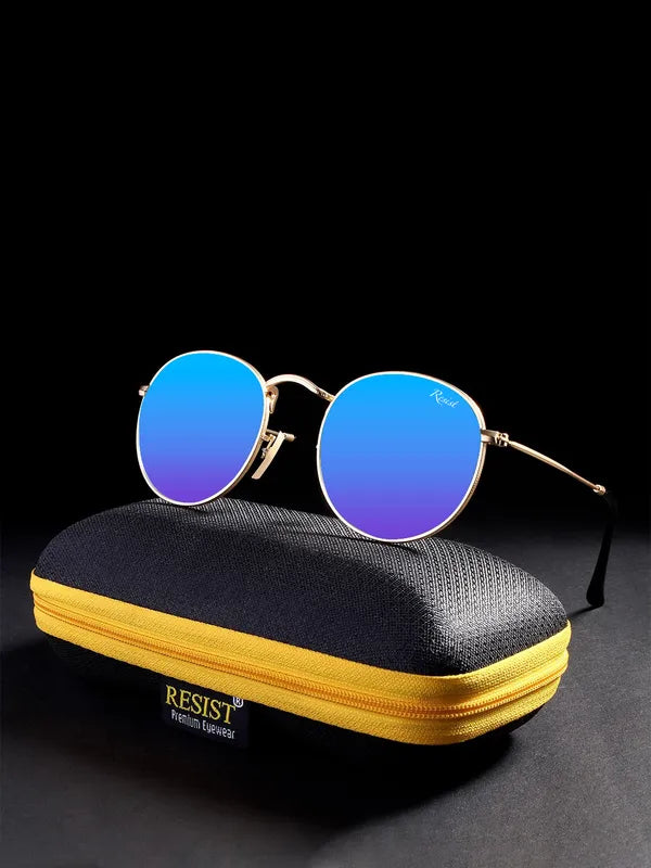 UV Protected Gold Blue Reflector Round Sunglasses For Men & Women- FunkyTradition