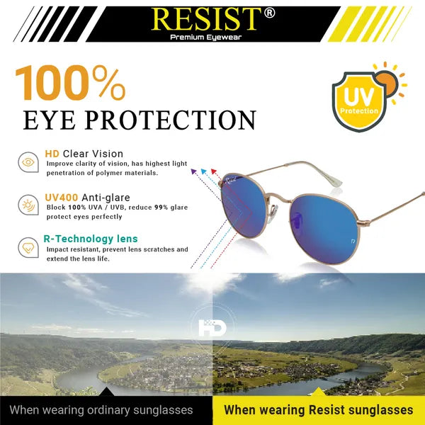 UV Protected Gold Blue Reflector Round Sunglasses For Men & Women- FunkyTradition