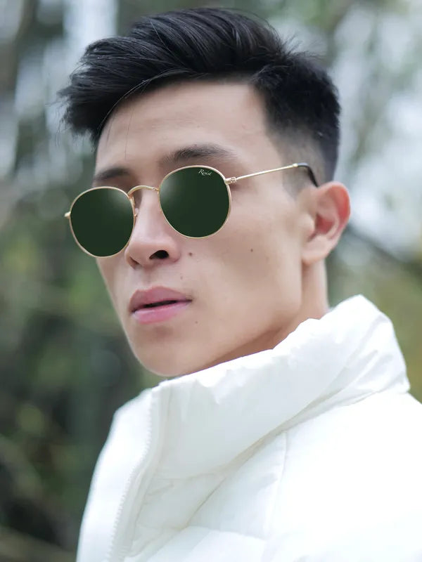 UV Protected Gold Green Round Sunglasses For Men & Women- FunkyTradition