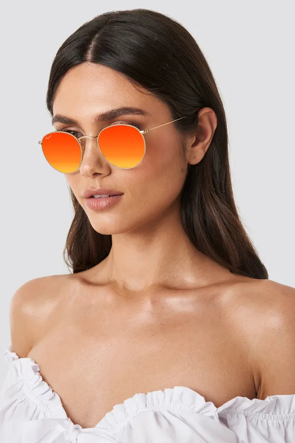 UV Protected Gold Orange Reflector Round Sunglasses For Men & Women- FunkyTradition