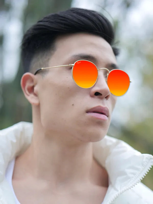 UV Protected Gold Orange Reflector Round Sunglasses For Men & Women- FunkyTradition