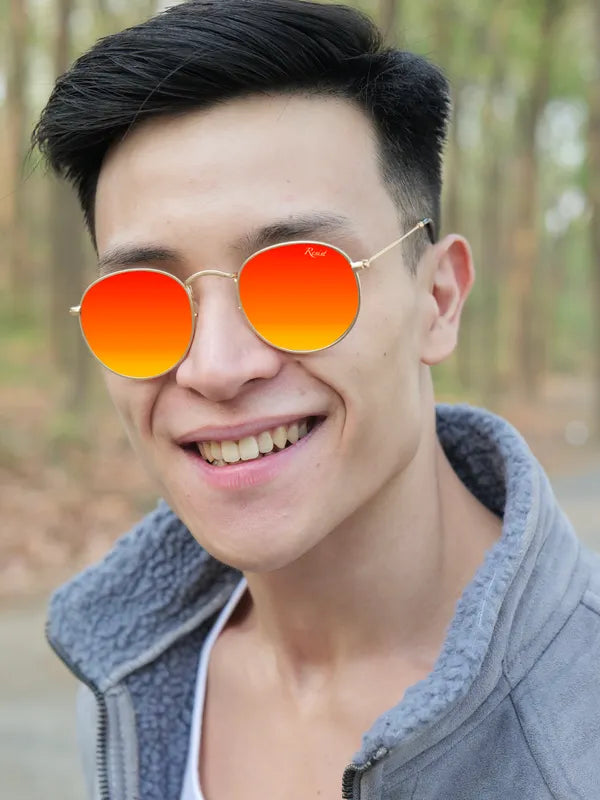 UV Protected Gold Orange Reflector Round Sunglasses For Men & Women- FunkyTradition