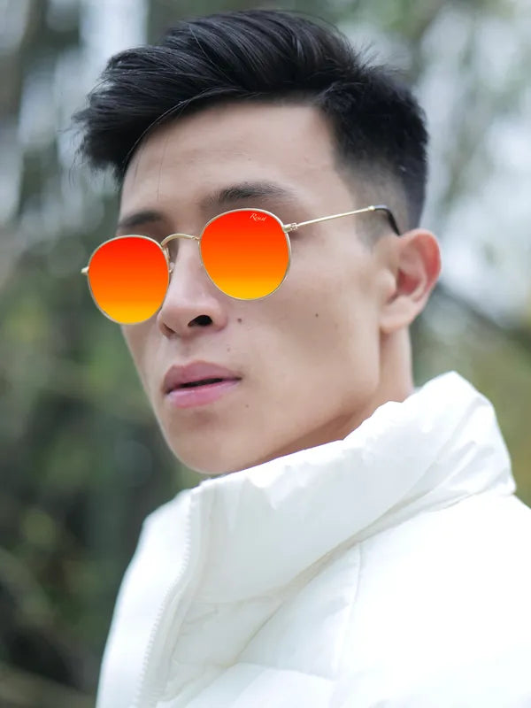 UV Protected Gold Orange Reflector Round Sunglasses For Men & Women- FunkyTradition