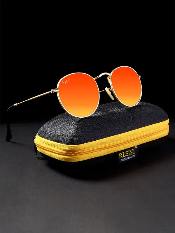 UV Protected Gold Orange Reflector Round Sunglasses For Men & Women- FunkyTradition
