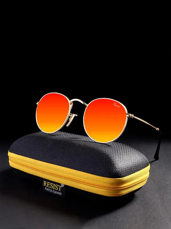 UV Protected Gold Orange Reflector Round Sunglasses For Men & Women- FunkyTradition