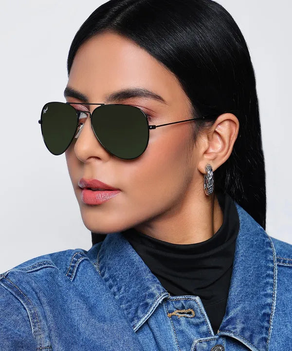 UV Protected Black Green Aviator Sunglasses For Men & Women- FunkyTradition