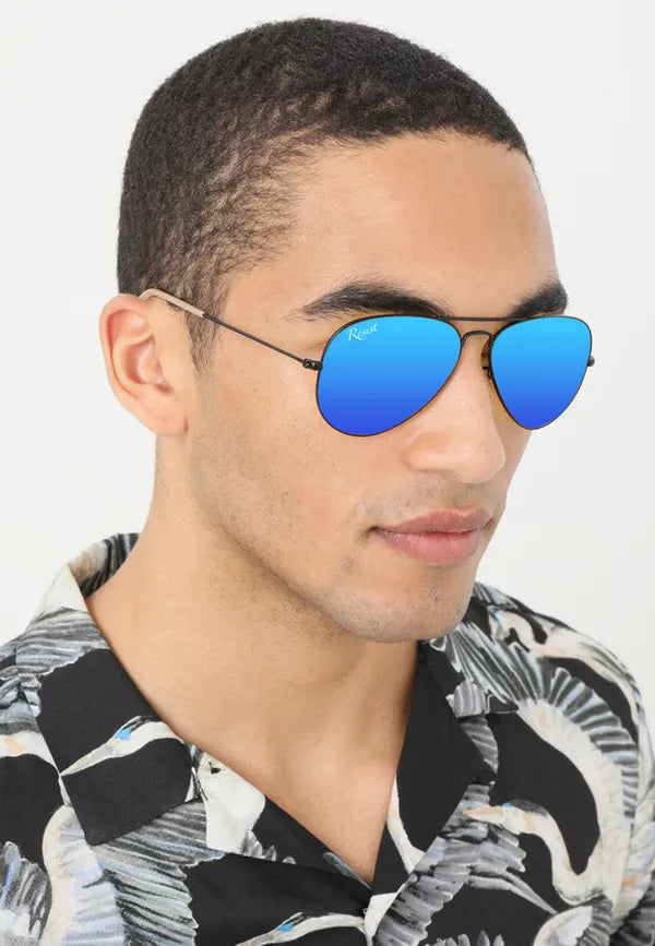 UV Protected Black Ocean Blue Reflector Aviator Sunglasses for Men and Women- FunkyTradition