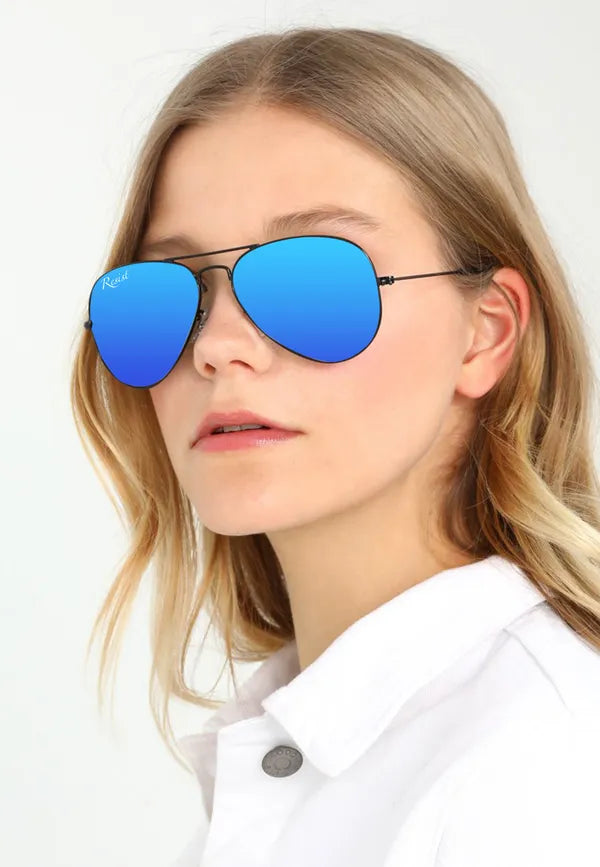 UV Protected Black Ocean Blue Reflector Aviator Sunglasses for Men and Women- FunkyTradition