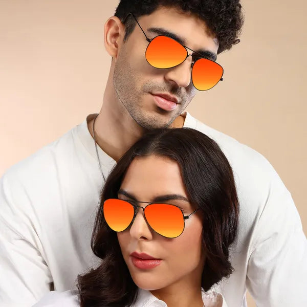 UV Protected Black Orange Reflector Aviator Sunglasses for Men and Women- FunkyTradition
