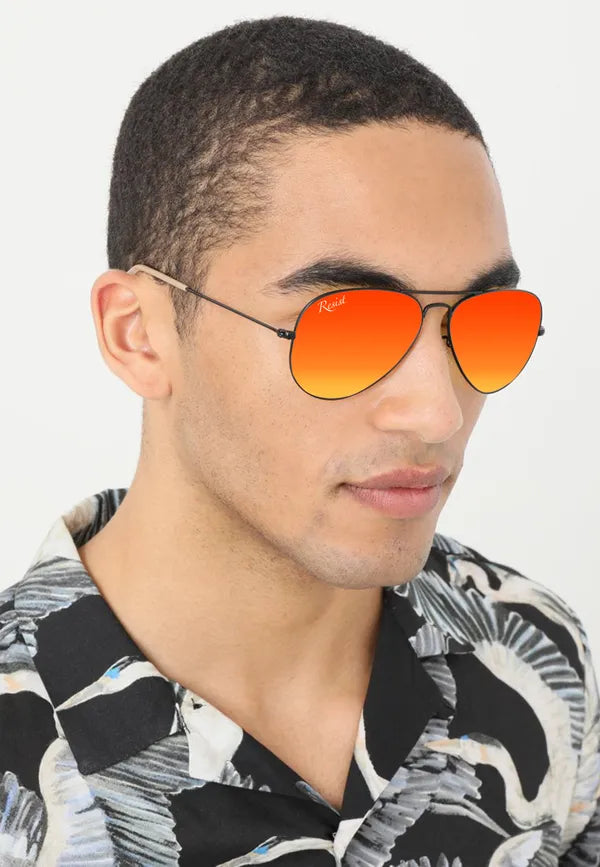 UV Protected Black Orange Reflector Aviator Sunglasses for Men and Women- FunkyTradition
