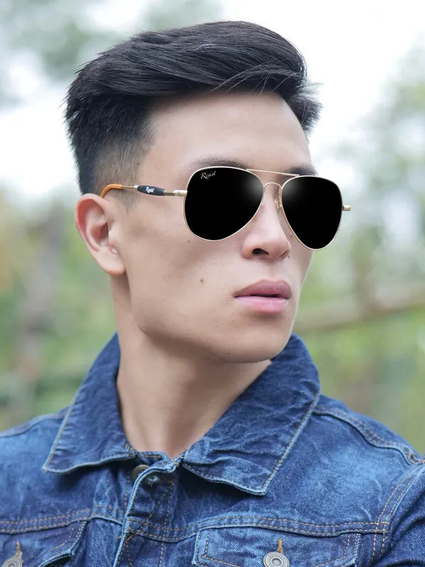 UV Protected Gold Black Aviator Sunglasses For Men & Women- FunkyTradition
