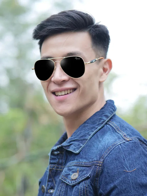 UV Protected Gold Black Aviator Sunglasses For Men & Women- FunkyTradition