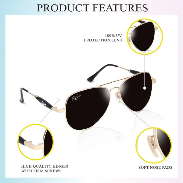 UV Protected Gold Black Aviator Sunglasses For Men & Women- FunkyTradition