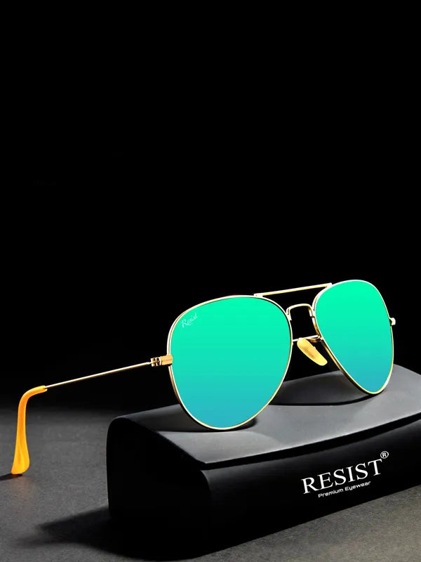 UV Protected Gold Green Reflector Aviator Sunglasses for Men and Women- FunkyTradition