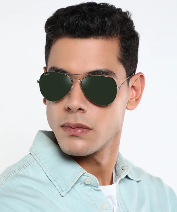 UV Protected Silver Green Aviator Sunglasses For Men & Women- FunkyTradition