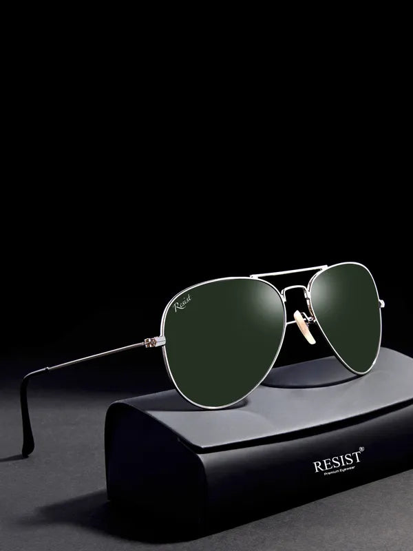 UV Protected Silver Green Aviator Sunglasses For Men & Women- FunkyTradition