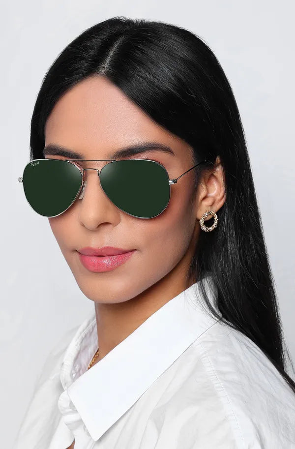 UV Protected Silver Green Aviator Sunglasses For Men & Women- FunkyTradition