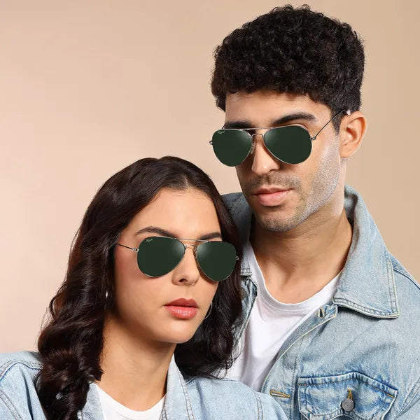 UV Protected Silver Green Aviator Sunglasses For Men & Women- FunkyTradition