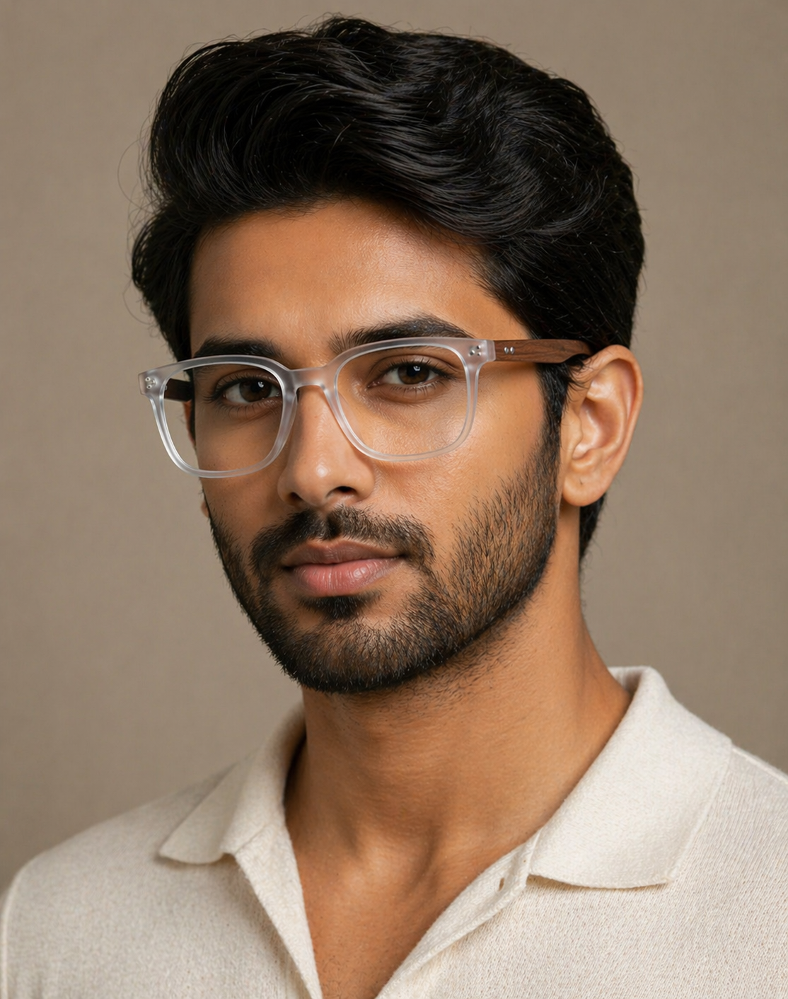 Unisex transparent blue light blocking glasses on male model