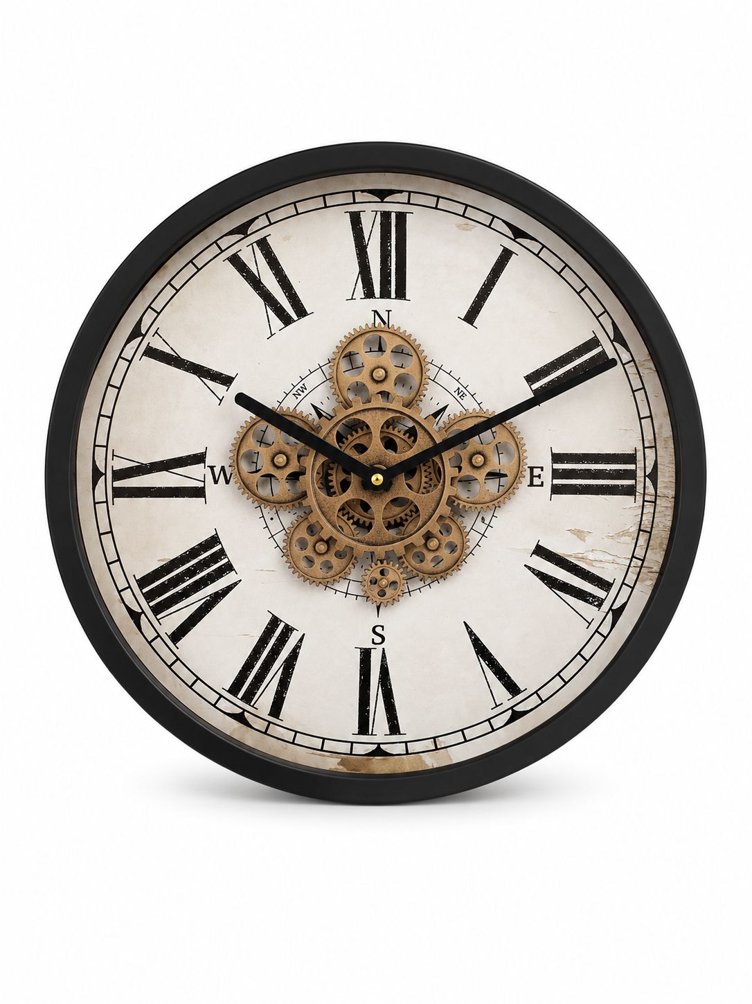 Vintage Moving Gear Metal Wall Clock Front View with Roman Numerals