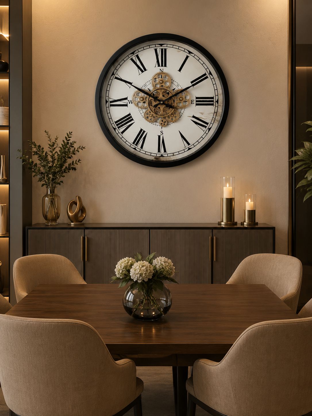 Vintage Roman Numeral Wall Clock in Modern Dining Room