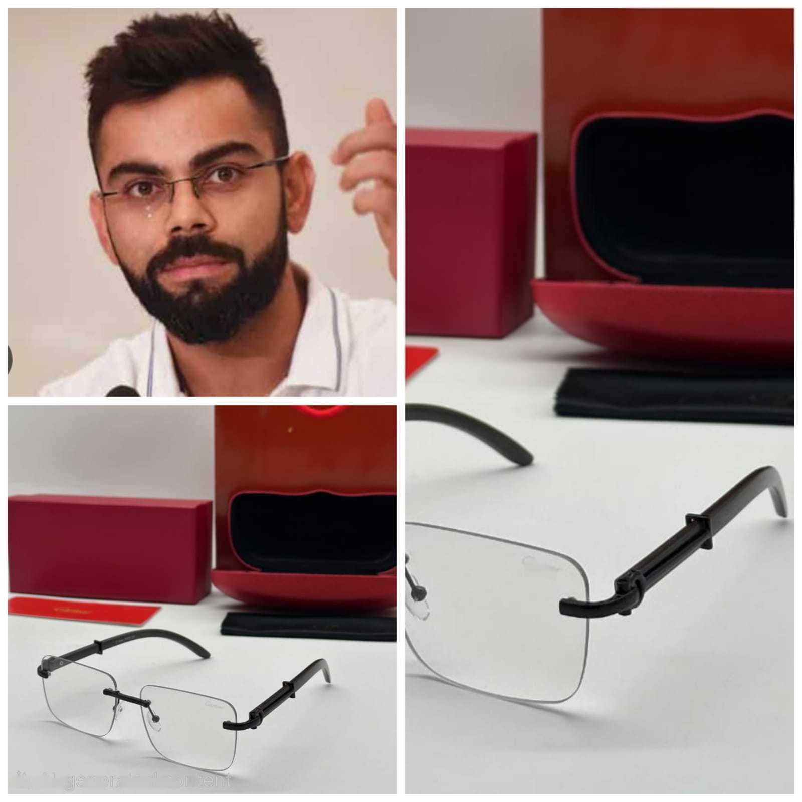 Virat Kohli wearing rimless eyeglasses, displayed next to a pair of black rimless rectangular eyeglasses with red designer packaging.