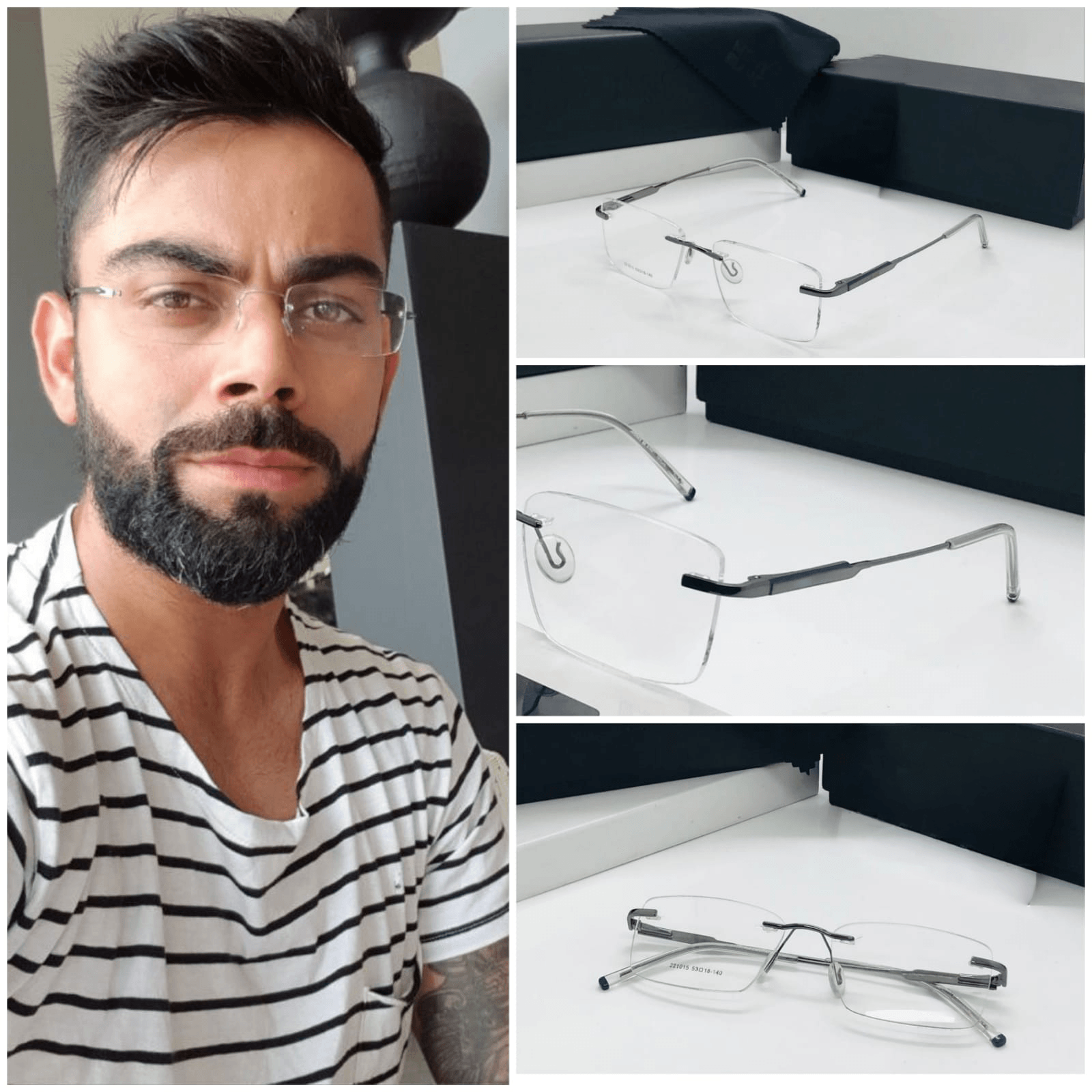 Virat Kohli inspired rimless rectangle eyeglasses on model