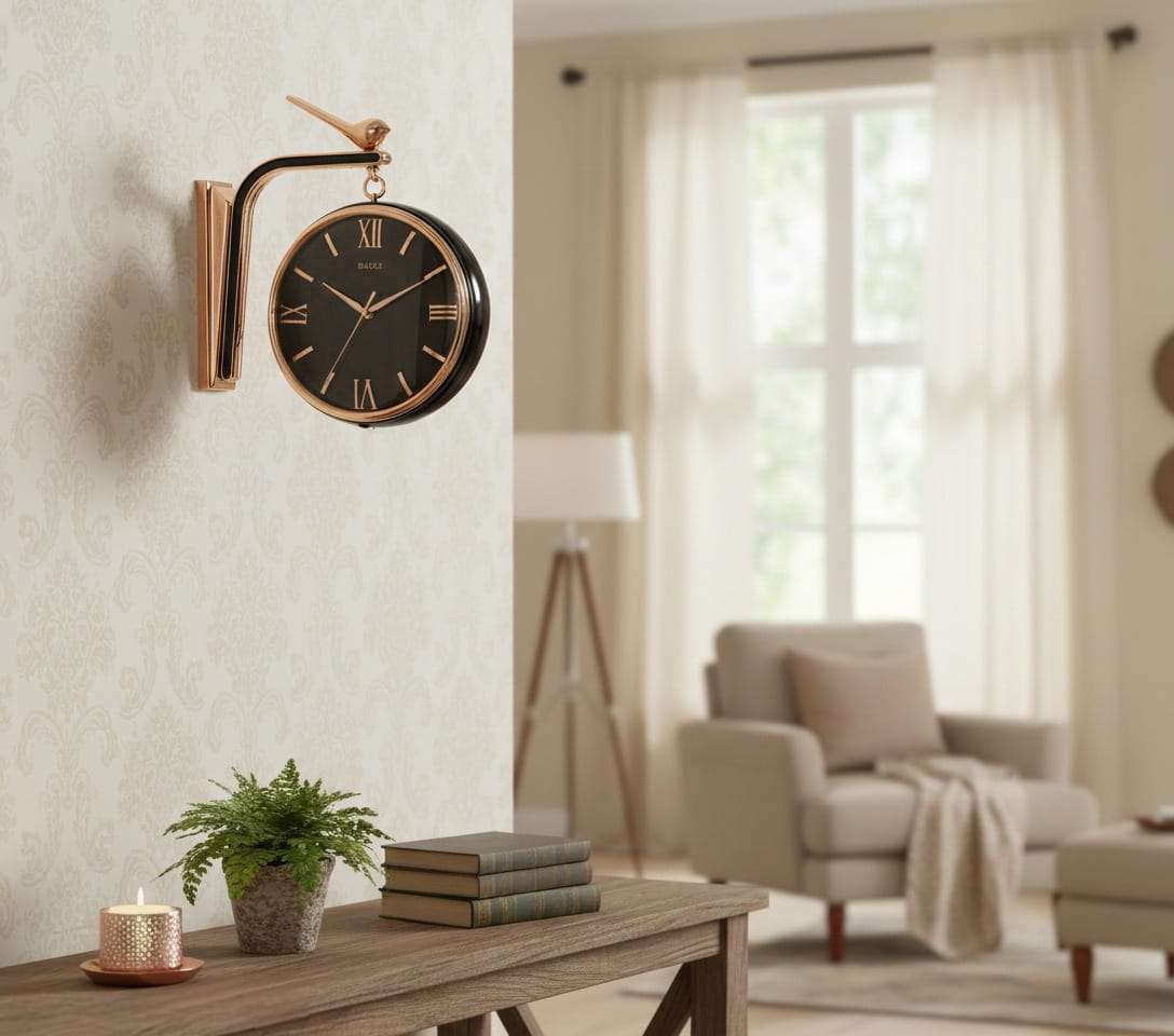 Wall-mounted clock in a living room setting with a table, books, and a plant.