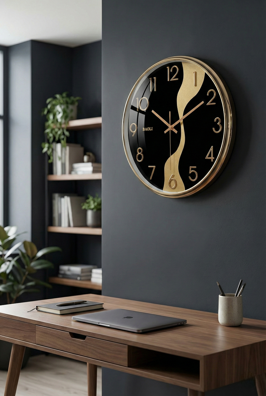Wall clock on a dark gray wall above a wooden desk with a laptop and stationery.