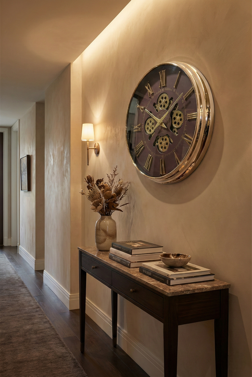 Wall clock on a wall in a room with a table and decor items.