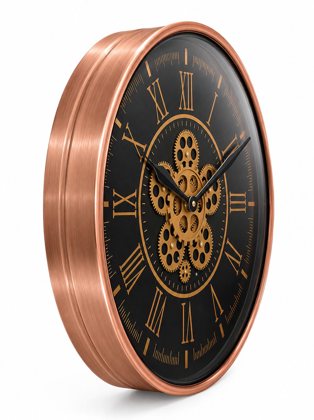 Wall clock with copper frame and black face featuring Roman numerals and gear design.
