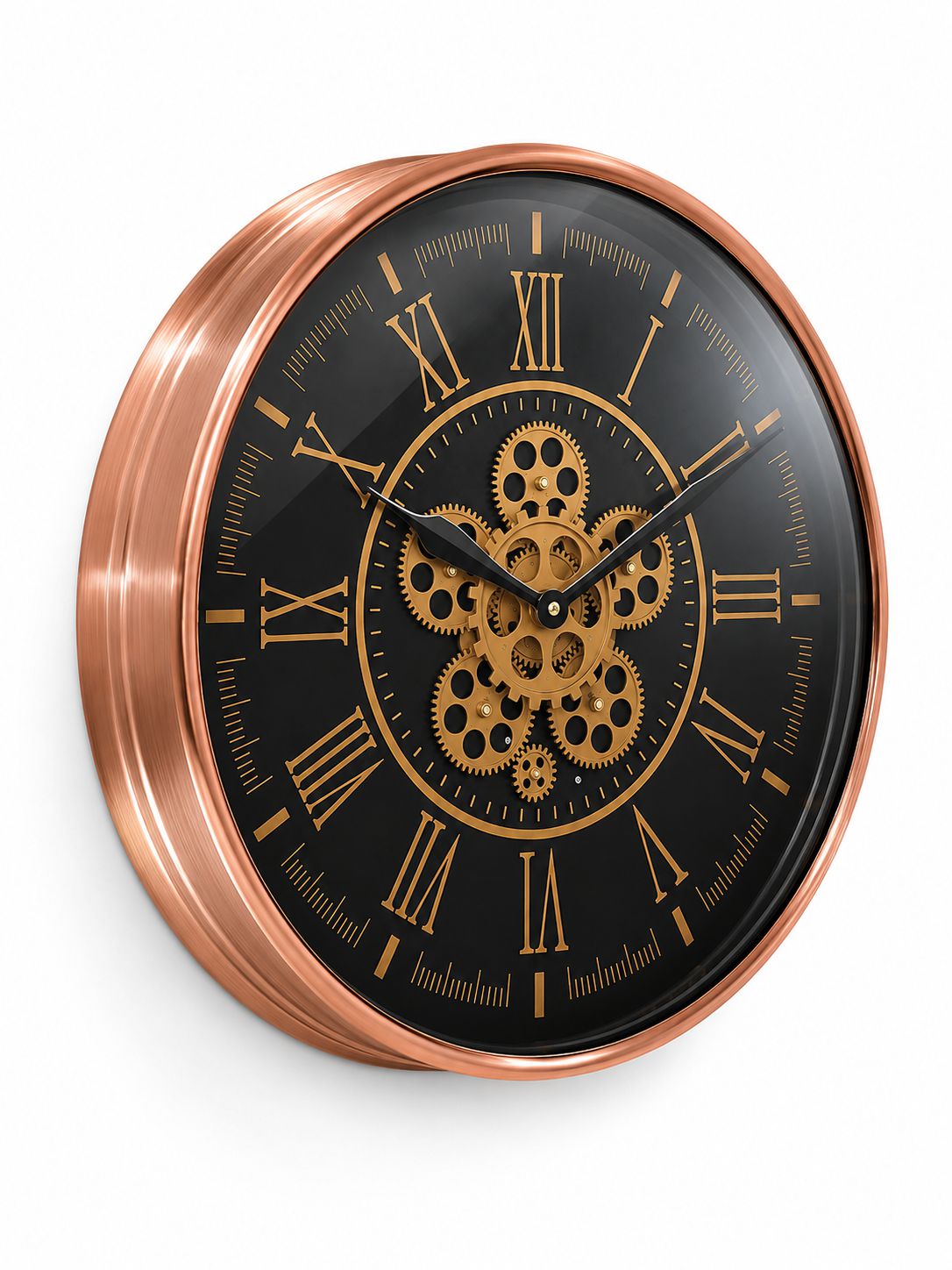 Wall clock with copper frame and black face featuring gold gears and Roman numerals on a white background