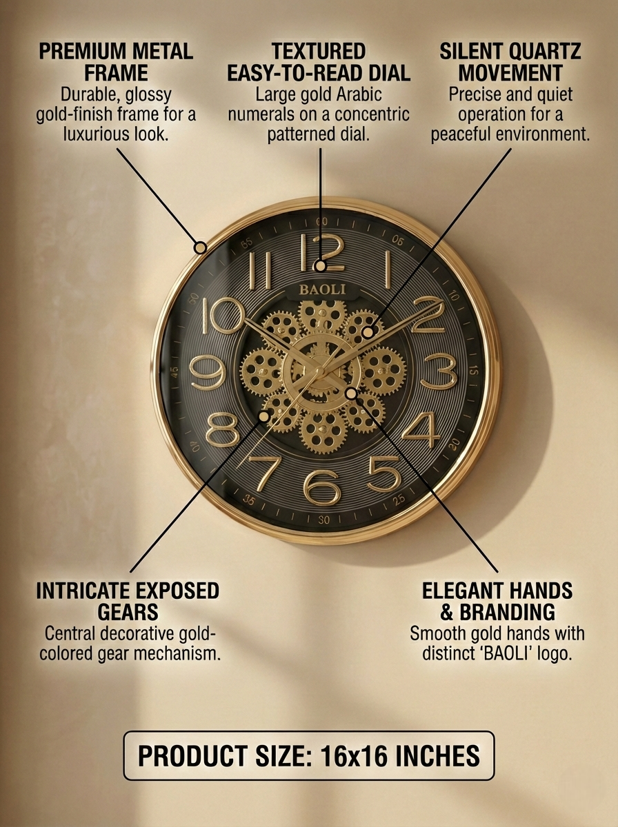 Wall clock with detailed features and specifications on a beige background