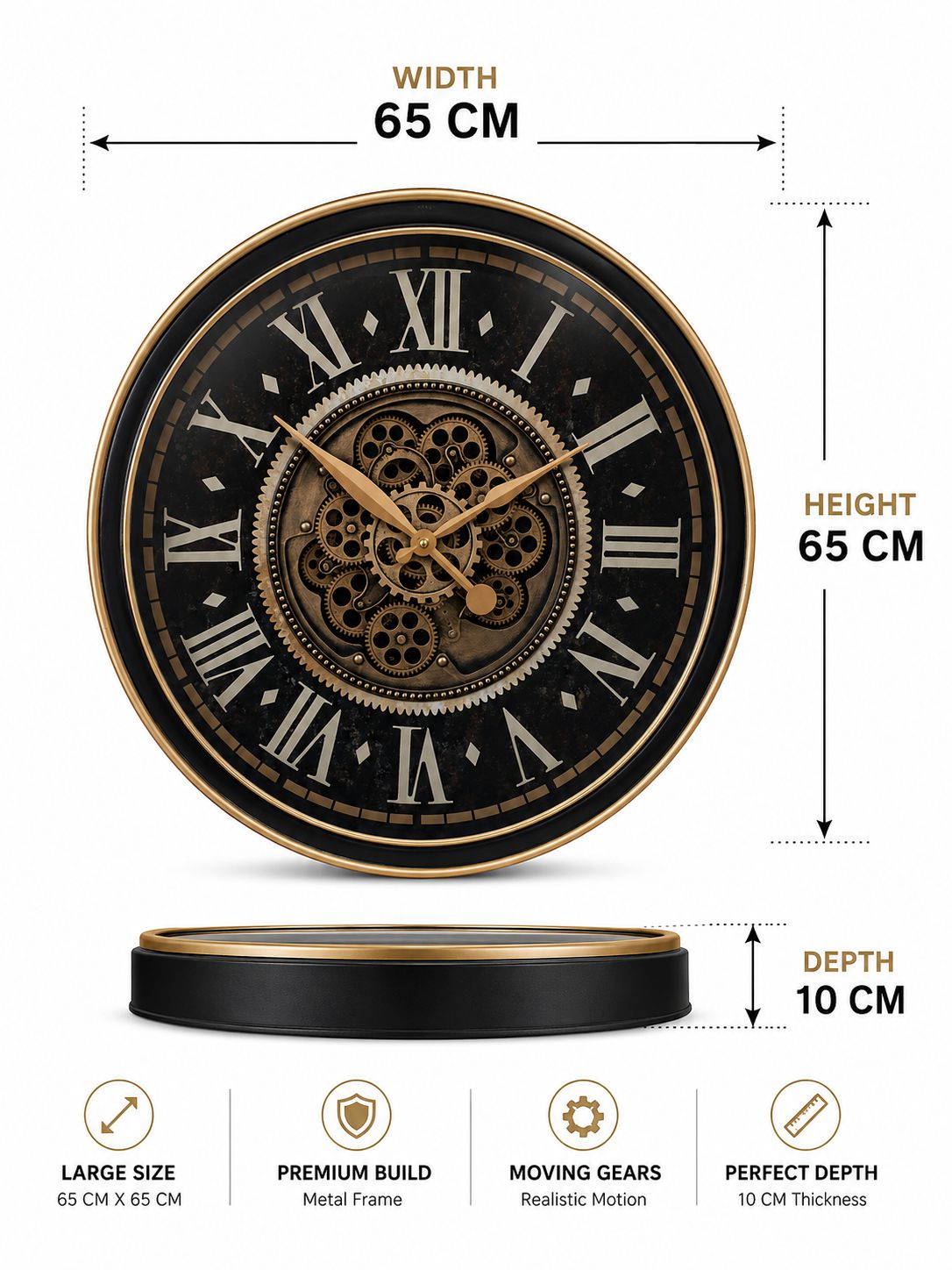 Wall clock with dimensions and features on a white background
