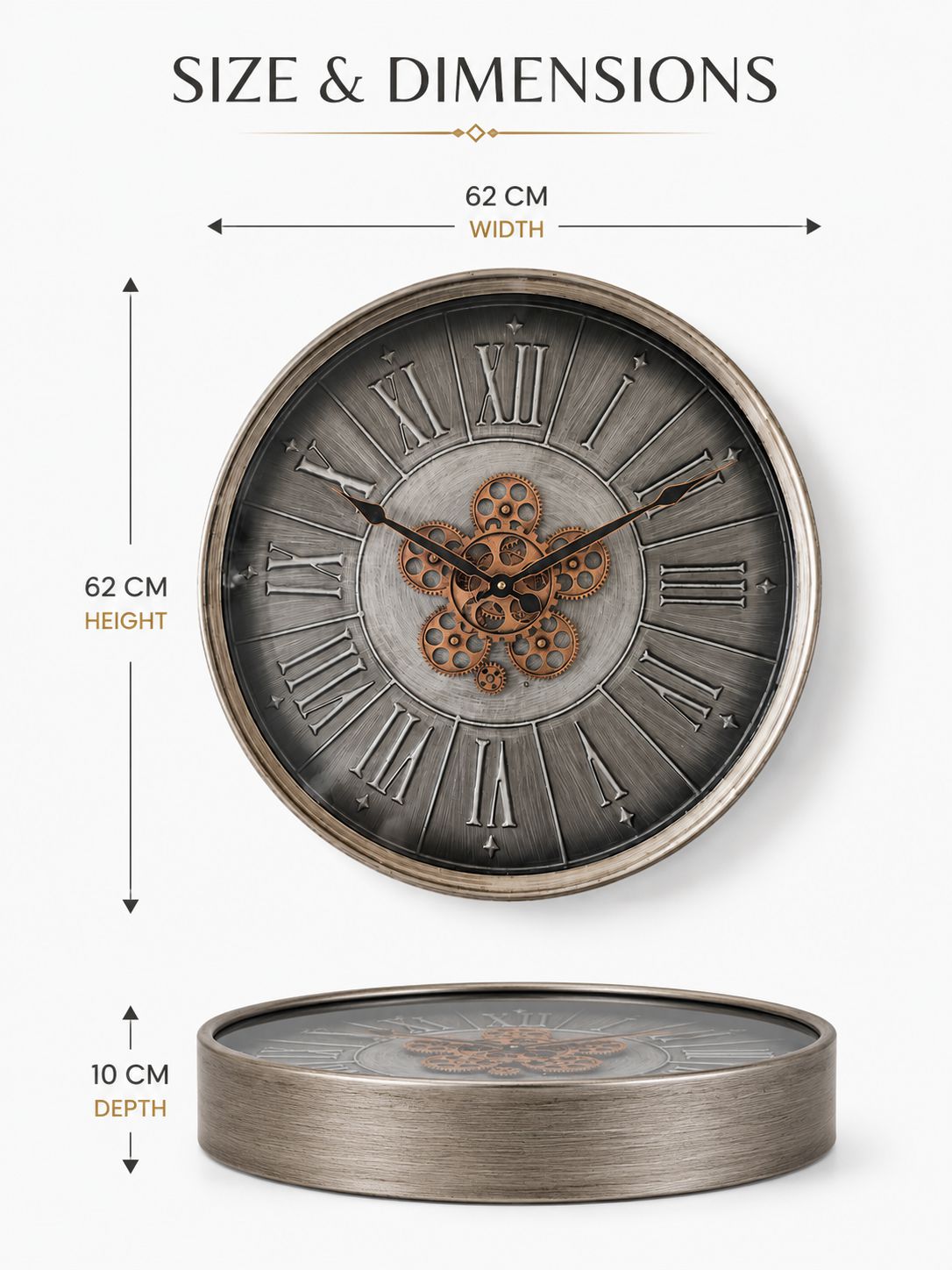 Wall clock with dimensions indicated on a white background
