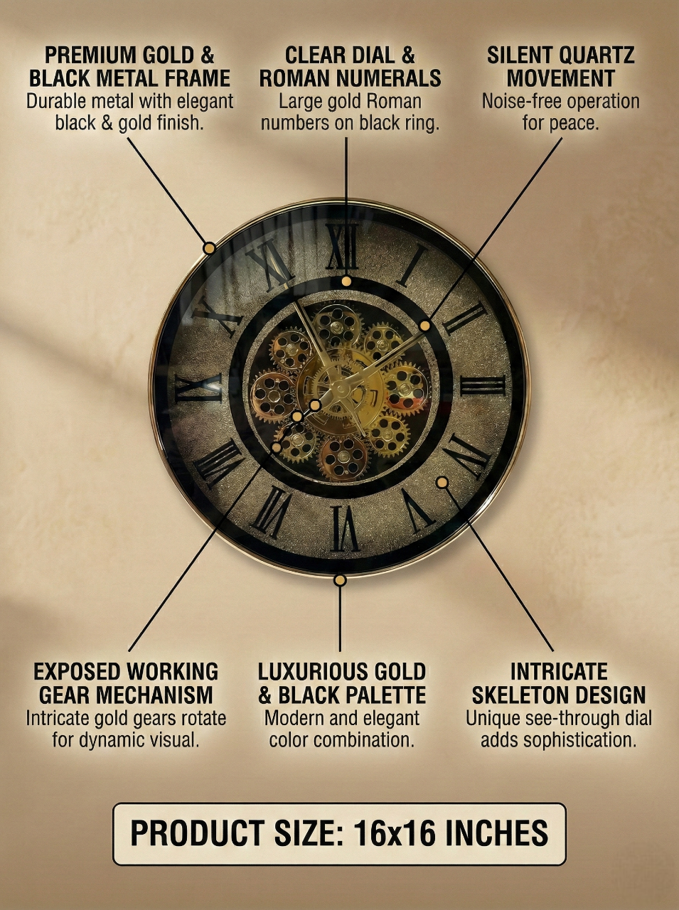 Wall clock with features highlighted on a beige background