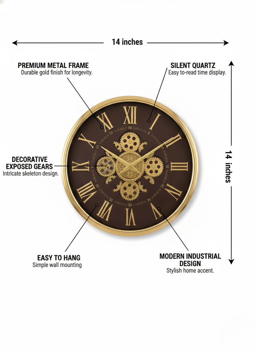 Wall clock with features highlighted on a white background