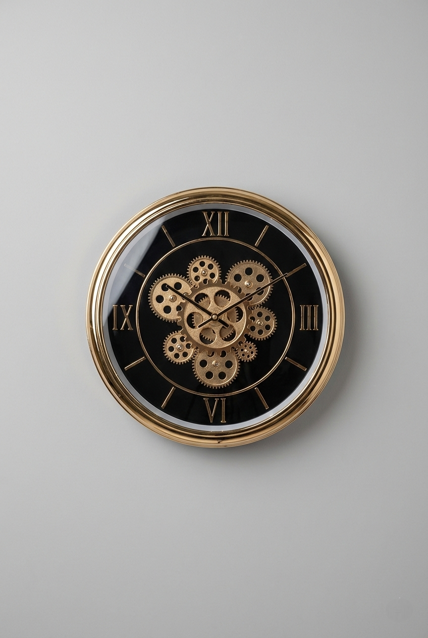 Wall clock with gear design on a gray background